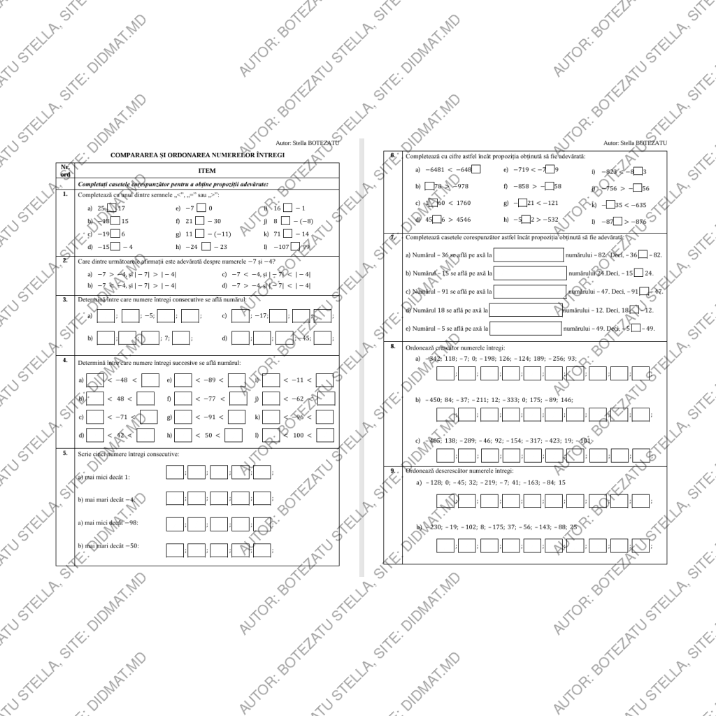 Compararea și ordonarea numerelor întregi(Clasa 6)